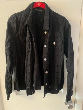 Colleen Lopez Black Eyelet Button-Up Shirt Jacket